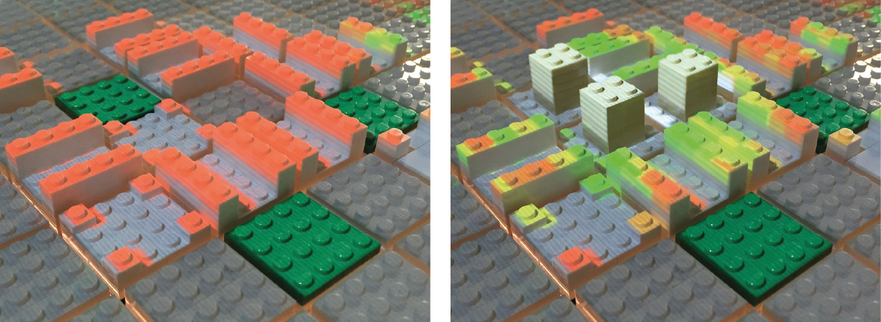 Areas with poor walkability are colored red while areas with good walkability are colored green.  An isolated residential area scores poorly (left).  However, the same area augmented with a mix of non-residential use performs better (right). Photo: Ira Winder